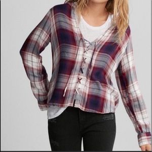 Express red white blue Plaid Full Lace-Up Shirt